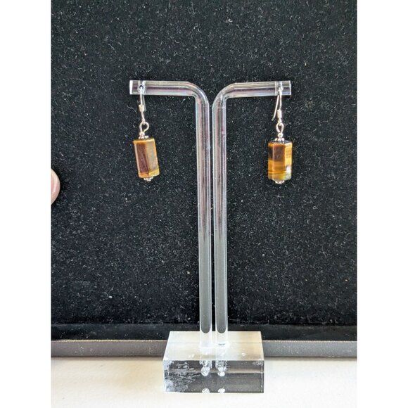Tigers Eye Sterling Silver 925 Earrings hexagon Beads Dangle Natural Stone Hook - Picture 3 of 5